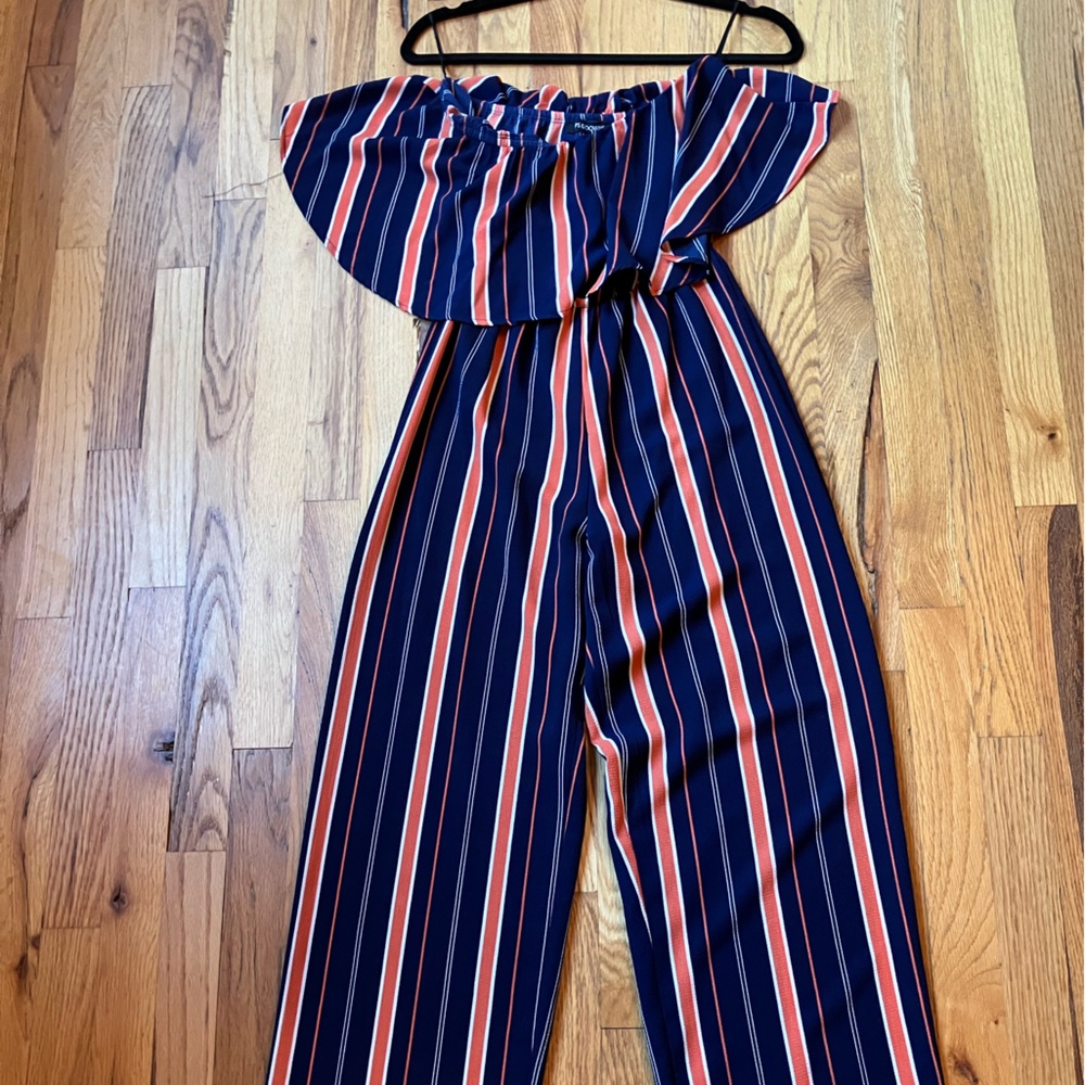 Ups & Downs S Striped Off Shoulder Ruffle Tiered Jumpsuit Blue Orange White